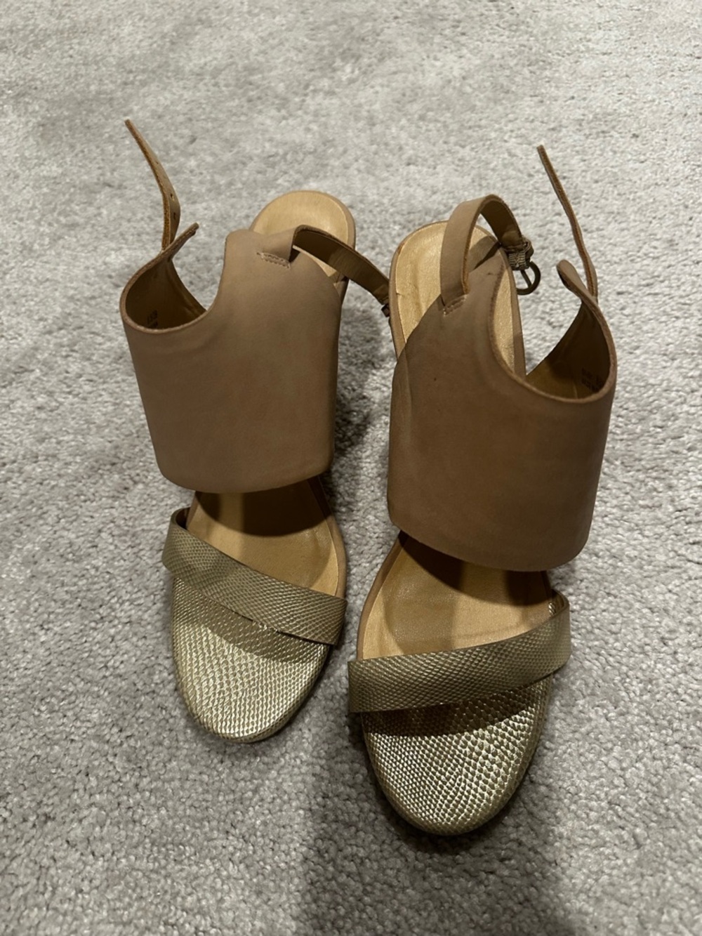 Women’s Tan and Gold Block Heel Sandals with Ankle Strap